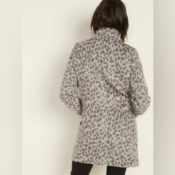 Old Navy Relaxed Soft Brushed truffle Leopard Print Women's wool blend Pea Coat - Picture 5 of 9